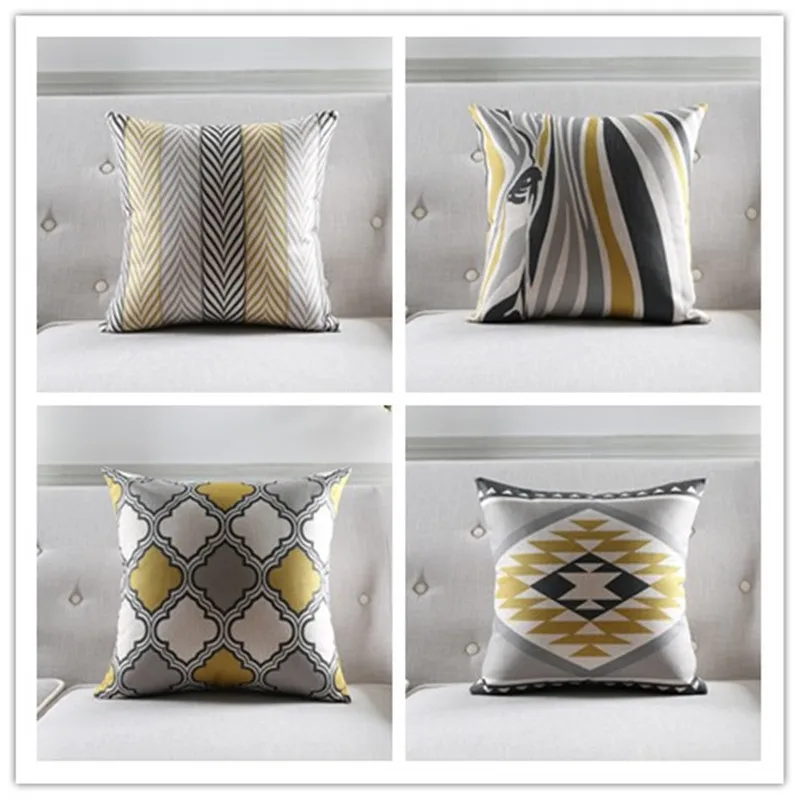 

Linen Pillow Cover Geometric Yellow Grey Block Zebra Cushion Cover Home Decorative Pillow Case
