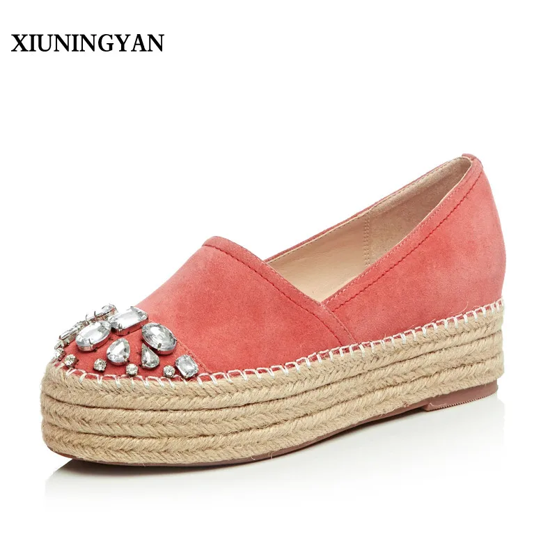 

XIUNINGYAN Women's Platform Flats Loafers Slip-on Genuine Leather Leisure Espadrilles Brand Designer Rhinestone Shoes for Women