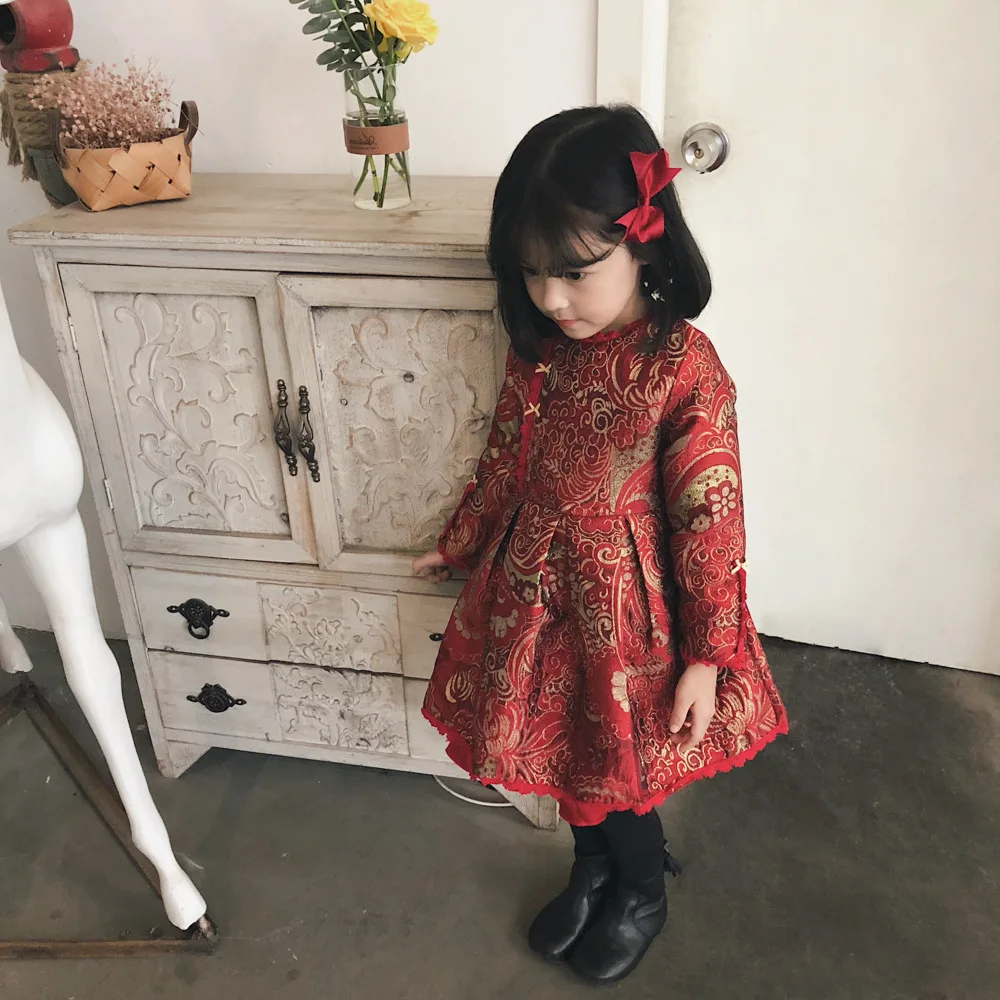 WLG девочки китайский стиль год платья Детские Зимние Бархатные Цветочные Вышивка пачка платье Детская Повседневная плотная одежда дети От 2 до 7 лет