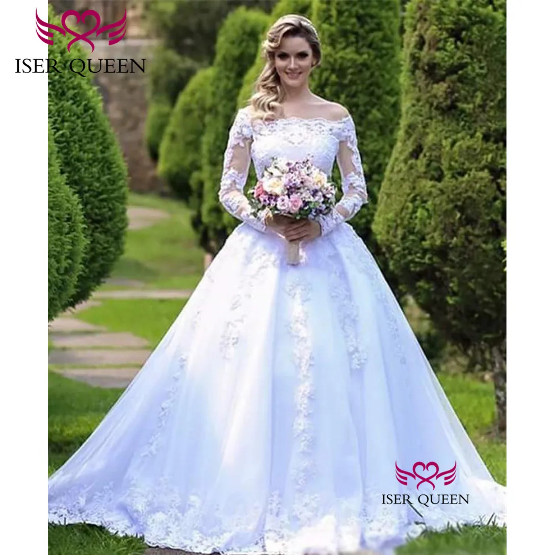 

European Style 2019 Vogue Boat Neckline Long Sleeves with Embroidery Dresses for Wedding Pure White Zipper Court Train w0620