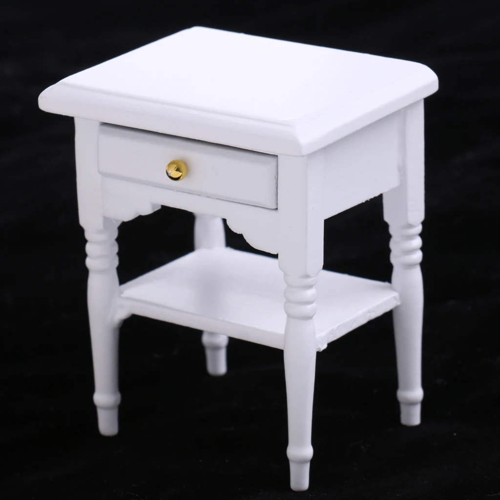 1/12 Dollhouse Miniature Furniture Bedside Table Nightstand with Drawer 1/12 Scale Doll House Decor Classic Toy for Children
