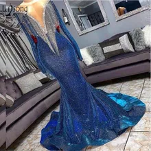 Шикарные шикарные королевские синие длинные вечерние платья русалки Длинные рукава расшитые бисером кристаллы платья для выпускного вечерние платья в Дубае