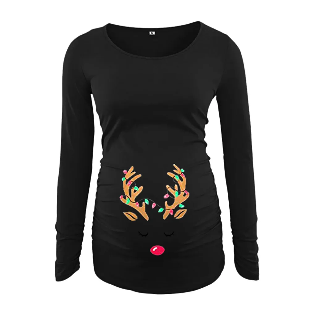 

2018 New Spring Autumn Women's Maternity Shirt Print Christmas Side Ruched Long Sleeve Maternity Wrap Top Pregnancy Clothing