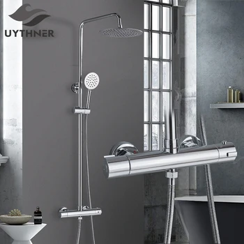 

Bathroom 10 inch Rainfall Shower Thermostatic Mixer Set Bath Shower Swivel Faucet Chrome Hot and Cold Water Shower Wall Mounted