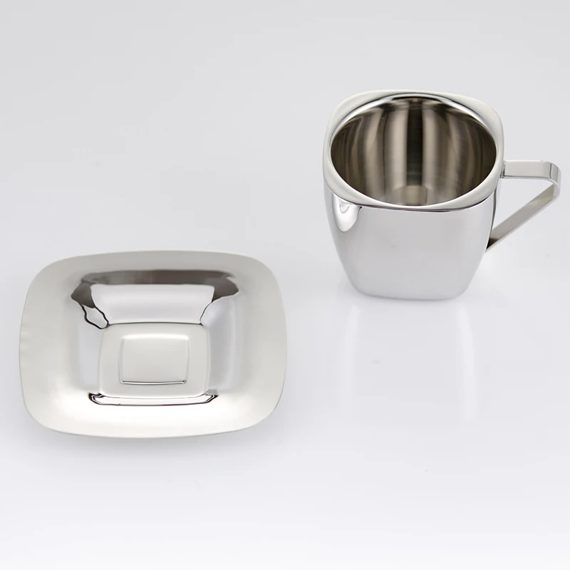 90/150/240ml Stainless Steel Coffee Cup Set Double Anti-hot Insulation Cups Creative Square Tea Cup and Saucer Milk Mug