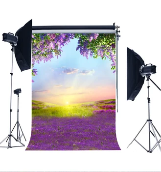 

VinylBDS Photography Backdrops White Clouds Green Grass Backdrops Newborn Purple Flower Trees Sunshine Digital Studio Background