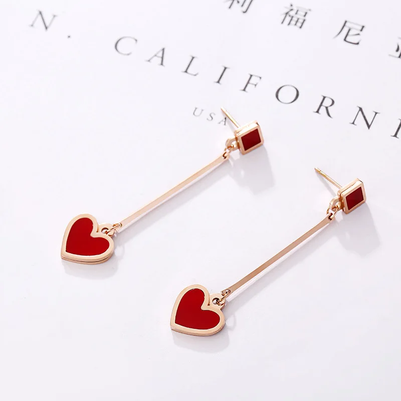 

2019 Korean Sweety Lovely Style Long Drop Stainless Steel Earrings Heart Cherry Flowers Women Earring pendientes mujer moda