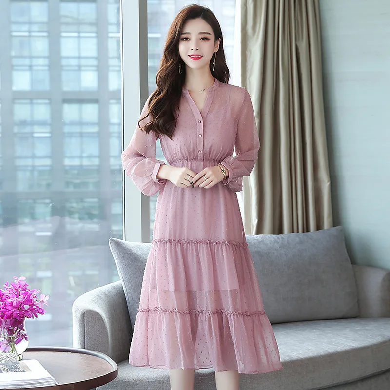 

new arrival fashion autumn women v-neck fashion temperament slim chiffon solid cute dress OL full sleeve wild comfortable dress