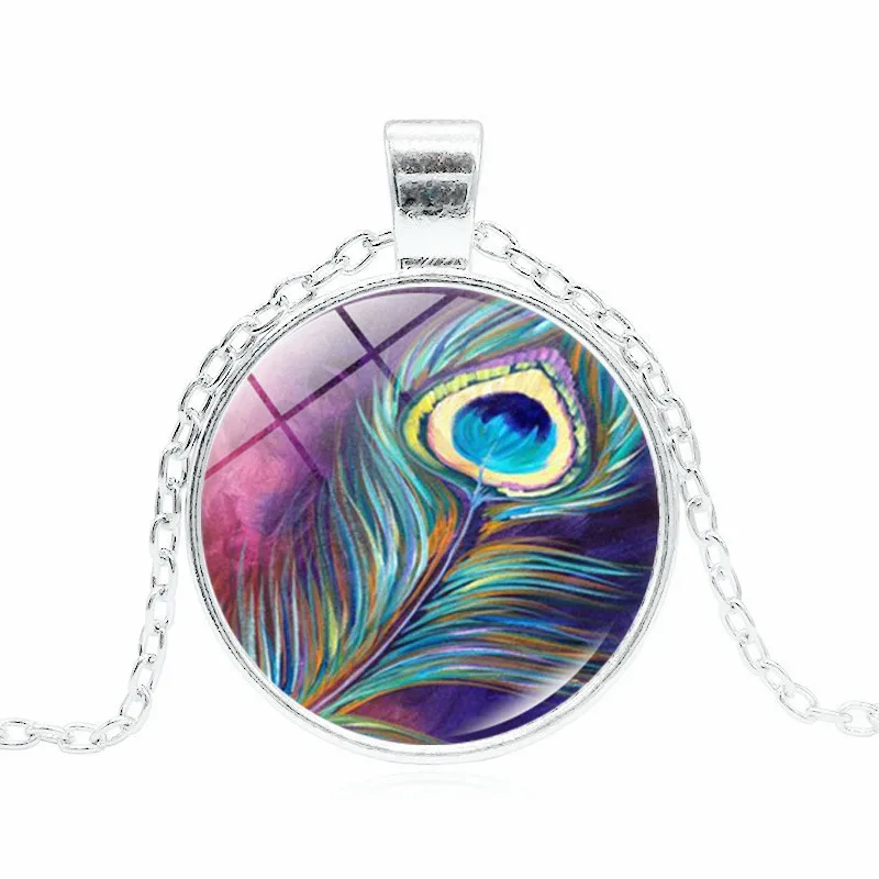 

Unique colorful Feathers Peacock Necklace silver Pattern Glass Cabochon Pendant Charms Wedding Women Necklaces Jewelry 2018 New