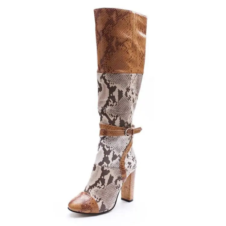

Chic Patchwork Mixed Color Snake Leather Winter Boots Women Knee High Round Toe High Square Heel Fashion Ladies Booties Shoes