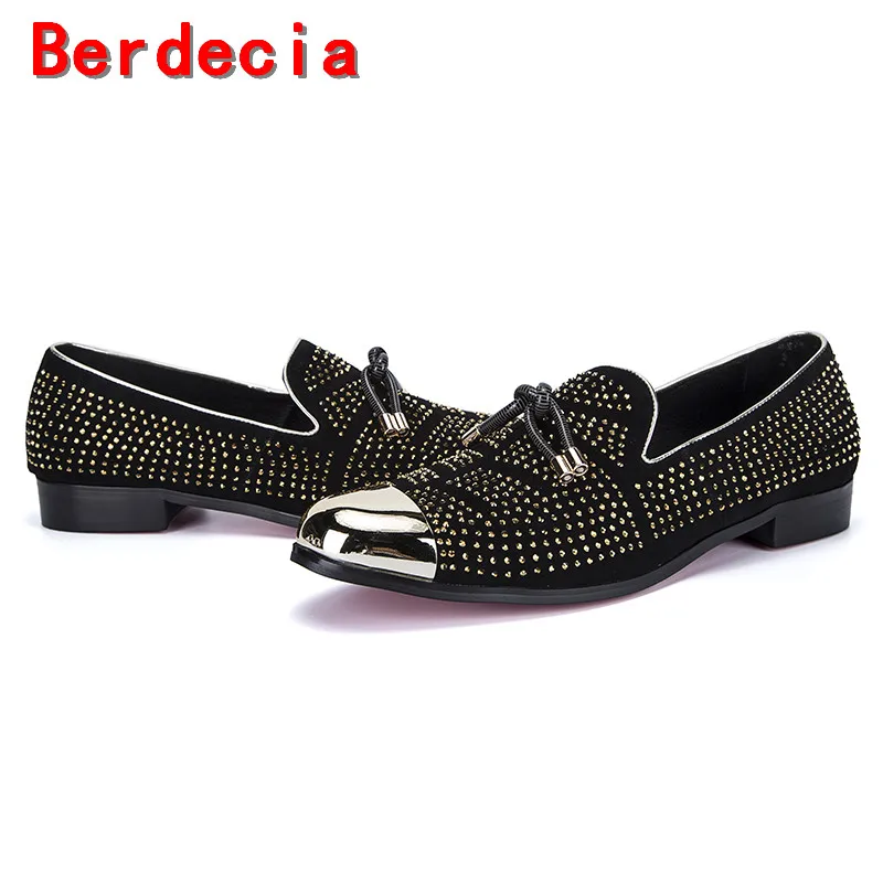 

Berdecia Vintage punk style black spiked loafers italian mens dress shoes genuine leather slipon formal shoes men