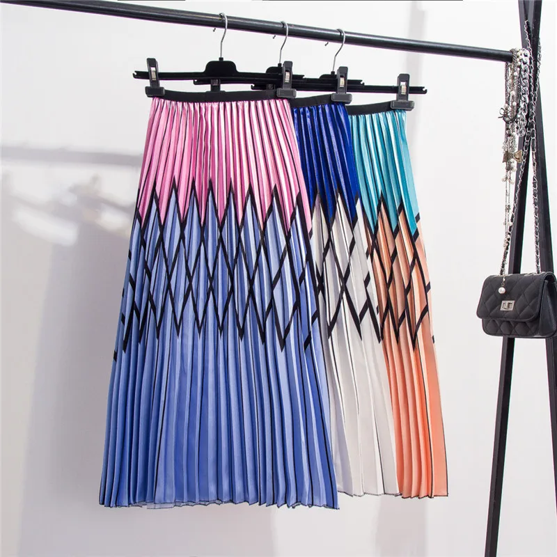 

New Arrival 2019 High Waist Pleated Skirts Womens Summer Autumn Kawaii partchwork Color A Line Long Maxi Skirt Jupe Femme