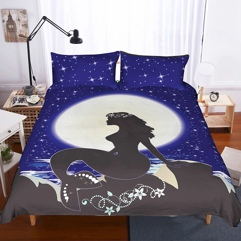 

3D Printing Bedding Set Catoon Beautiful Mermaid and Moon Duvet Cover Set with Pillowcase Underwater World Bed Linens Bedclothes