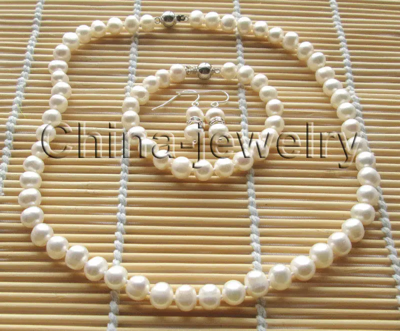 

shipping 8"+17" 8-9mm white round freshwater pearl necklace & bracelet & earring one set (A0423)