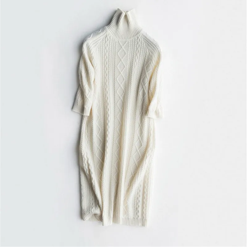  top grade 100%goat cashmere women's fashion half-sleeve pullover sweater dress turtleneck mid-long 