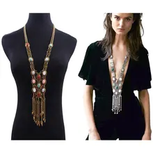 Exaggerated Round Rhinestone Alloy Necklace Bohemian Retro National Style Long Tassel Sweater Chain Boutique Necklace graceful rhinestone alloy sweater chain for women