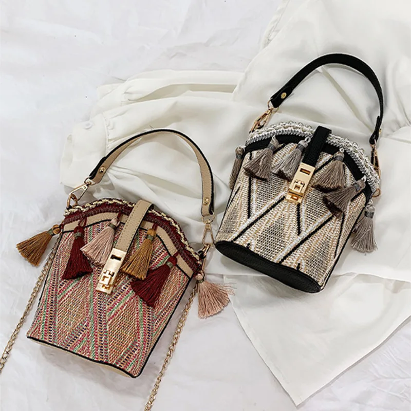 

Beach Straw Bag Over Shoulder Designer Small Sling Bucket Casual Tote Female Vintage Handbags Crossbody Bags For Women 2019