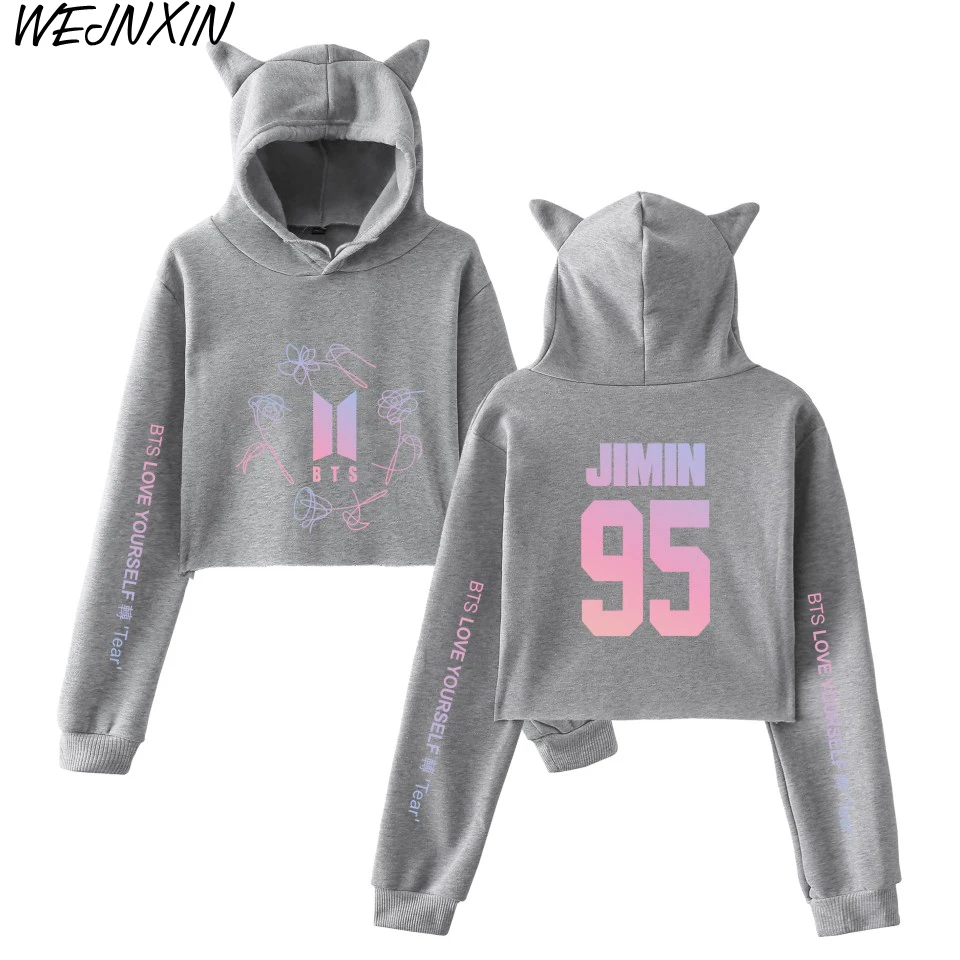 WEJNXIN New BTS Love Yourself Turn Tear Name Design Women Cat Hood Hoodies Girl Sweatshirt Kpop Streetwear Bangtan Boys Pullover