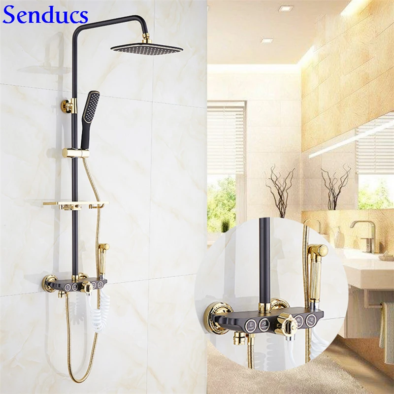 Senducs Black Gold Thermostatic Shower Set Bathroom Gold Bidet Square Black Top Shower Brass