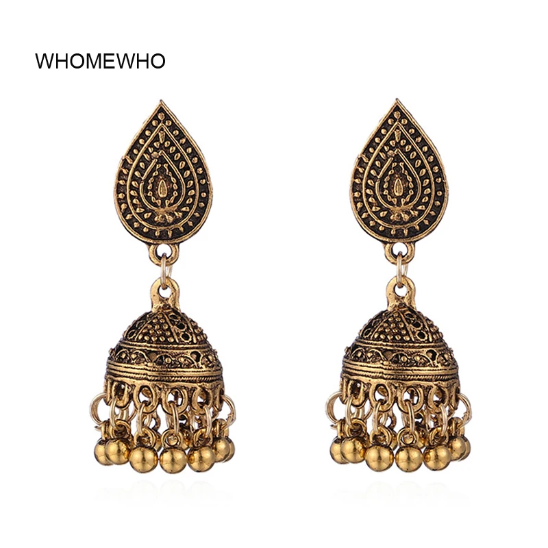 

Antique Gold Handmade Indian Tribal Jhumki Jhumka Earrings Bohemia Vintage Engraved Flower Bridal Party Accessory Ear Jewelry