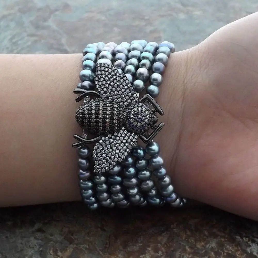 

K112409 6 Strands 8" Black Pearl CZ Pave Bee Bracelet