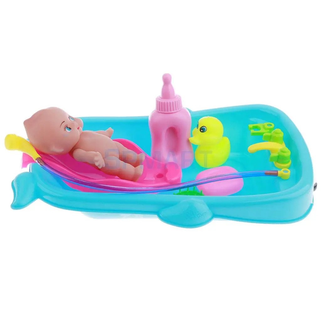 Set of Kid Baby Role Pretend Play Game Taking Care Doll Bath in Bathtub Developmental Educational Water Toy w/ Doll Gift