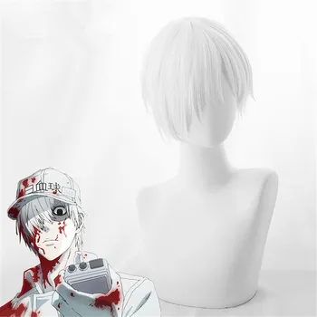 

New Anime Hataraku Saibou White Blood Cell Cosplay Wigs Cells At Work Short White Synthetic Wig