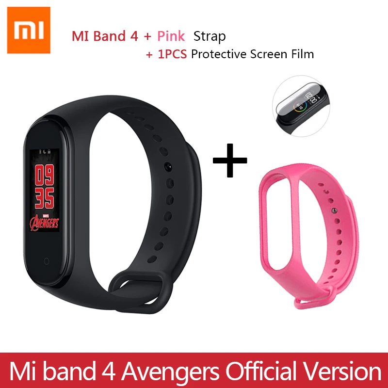 Новейший Xiaomi mi браслет 4 Мстители официальное издание Смарт mi Band 4 Мститель браслет Bluetooth 5,0 пульсометр фитнес - Цвет: Add  pink  Strap