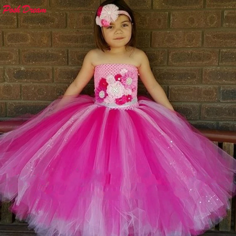 

POSH DREAM Shade of Pink Flower Girl Tutu Dress for Wedding Shining Spark Tulle Hot Pink Children Girl Clothing Carnival Costume