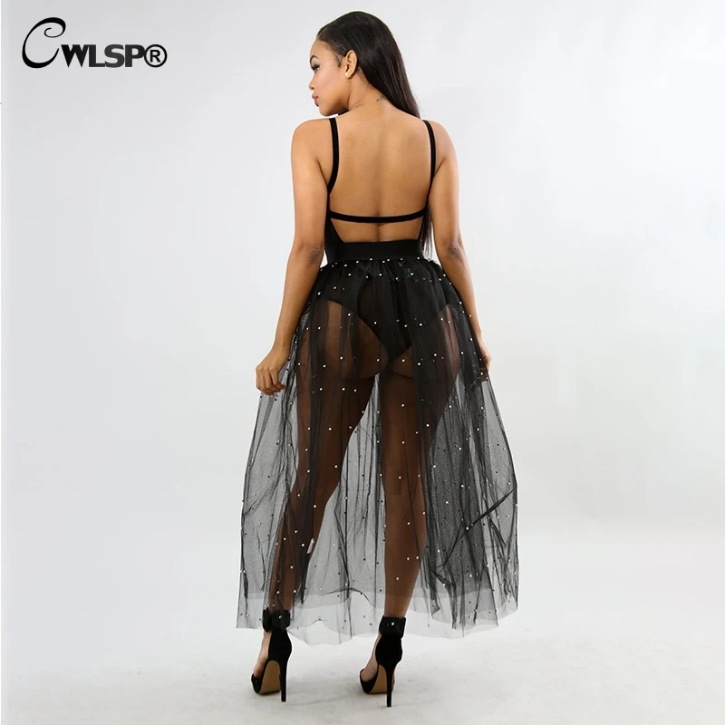 CWLSP Sexy Mesh Ball Gown Skirt See-through For Women 2018 Summer Lady Fashion Beading Long Skirts QZ2751