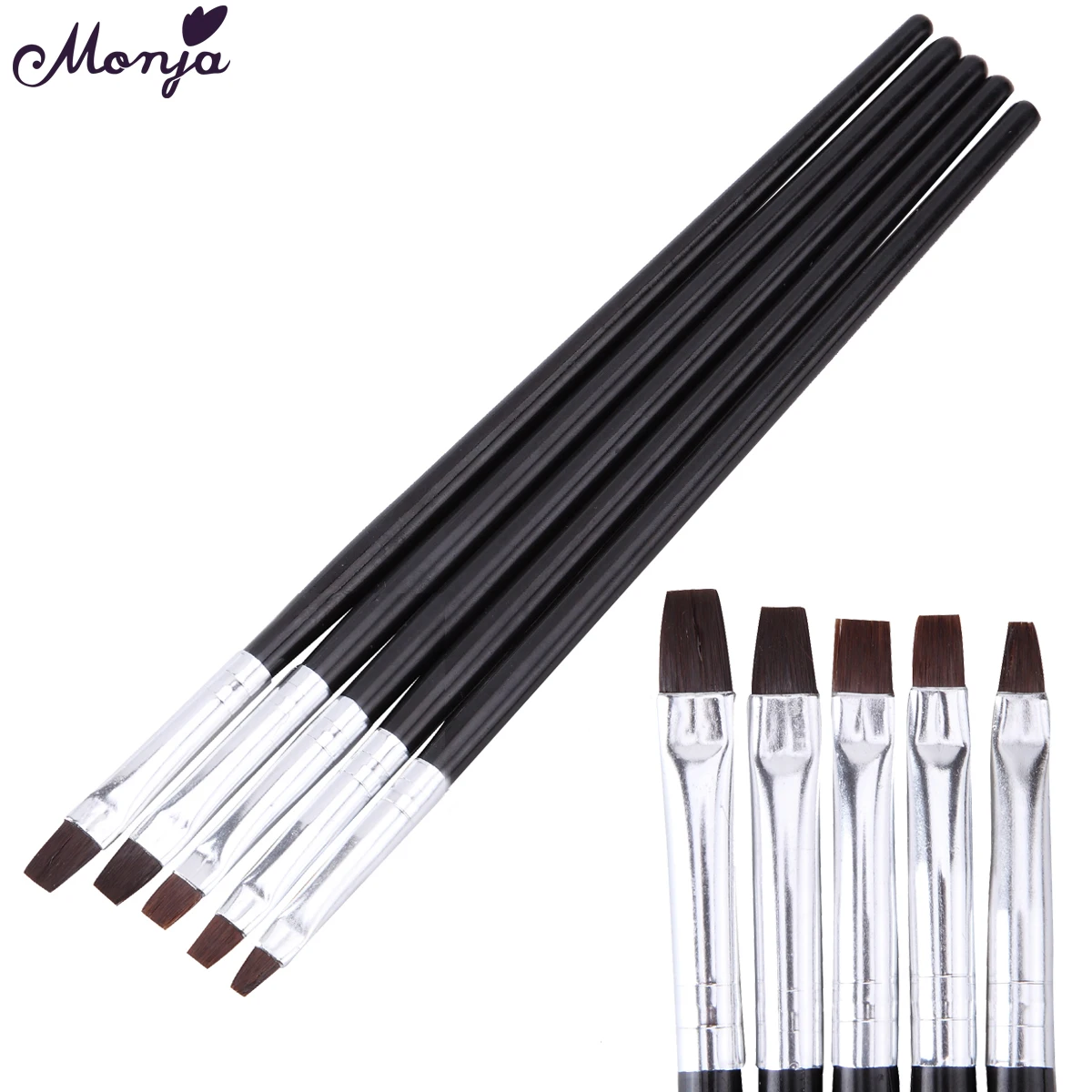 Monja Black Handle 5pc Nail Art Flat Liner Brushes Acrylic Gel Polish