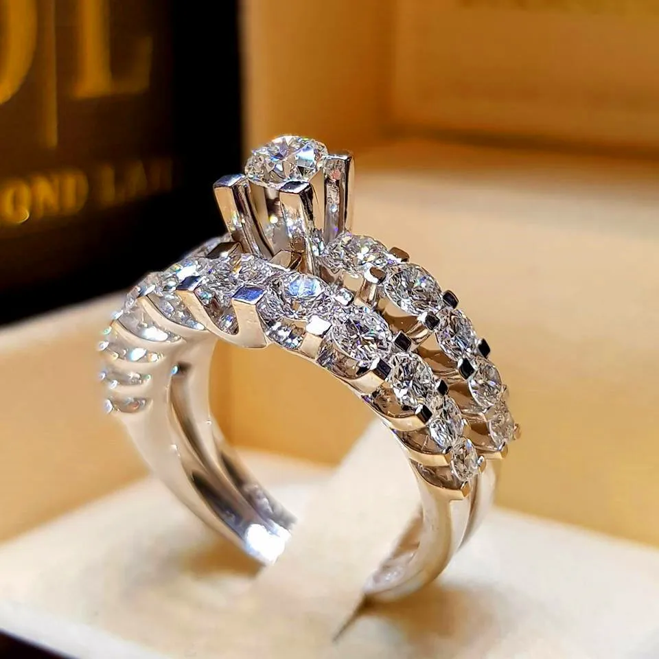 Boho Female Crystal White Zircon Stone Ring Set Luxury 925 ...
