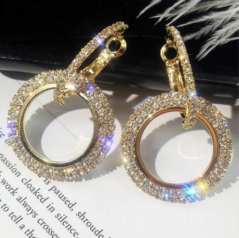

Fashion Korean Style Big Round Drop Earrings Circle Gold Color Cubic Zirconia Rhinestone Dangle Earring for Women Jewelry