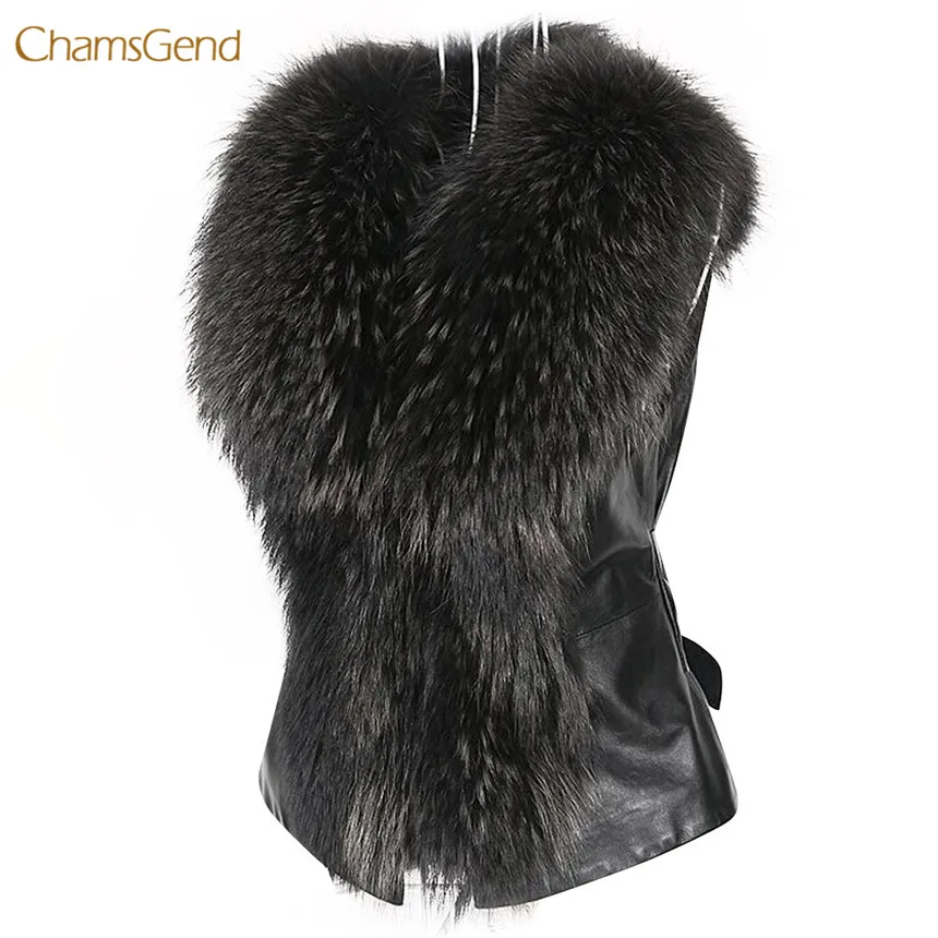 

CHAMSGEND 2018 Winter Outwear Women Leather Faux Fur Vest Casual Style Women Jacket Bows V-Neck Plus Size Open Free Shipping