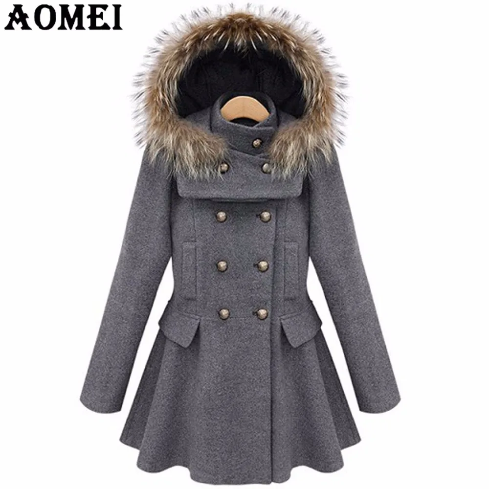 

Women Woolen Overcoat with Fur Hat Office Lady Workwear Gray Blue Clothing Winter Double Button Design 2019 Winter New Coats