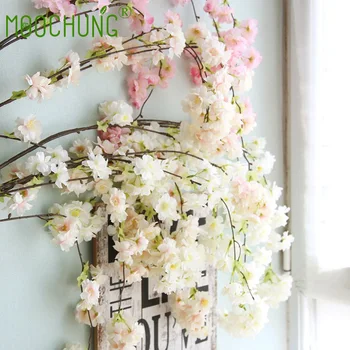 

MOOCHUNG 2pcs Cherry Blossom Artificial Hanging Vine Branches Fake Flower Silk Garland Wedding Party Decor Home Decoration