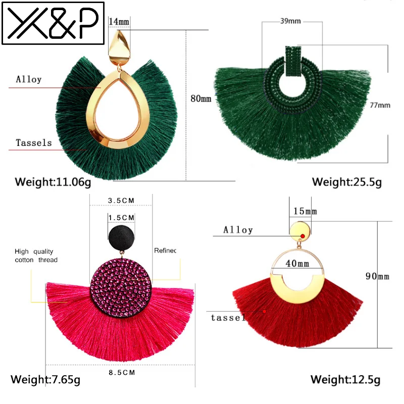 X&P Fashion Bohemian Big Tassel Earrings Statement Large Gold Handmade Brincos Drop Dangle Tassel Earring for Women Za Jewelry