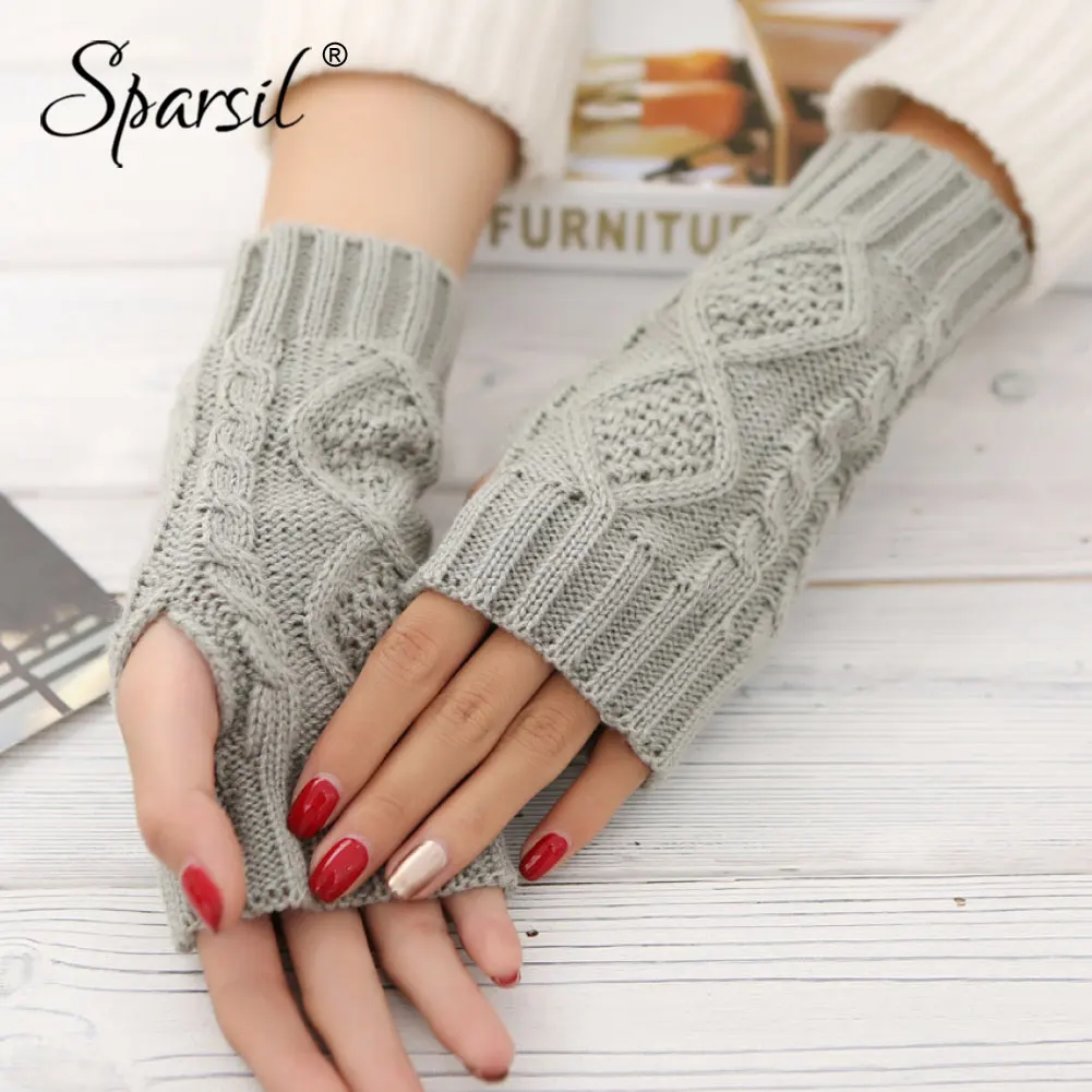 Sparsil Для женщин зимние вязаные перчатки без пальцев теплая шерсть трикотажные перчатки 20 см жаккардовая Half-палец варежки упругие короткие