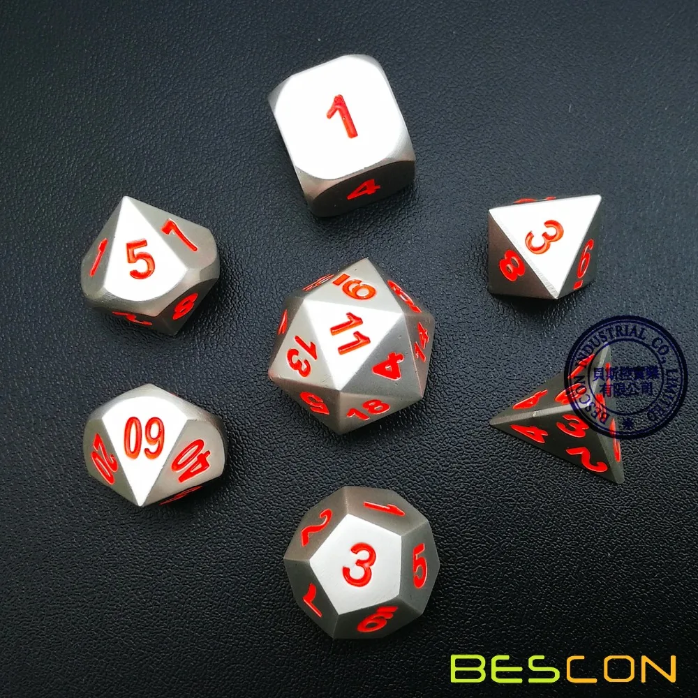 Bescon 7 шт. набор твердых металлических многогранных D& D игральных костей, набор матовых серебряных с оранжевыми цифрами, металлические ролевые игры, Набор Игральных кубиков