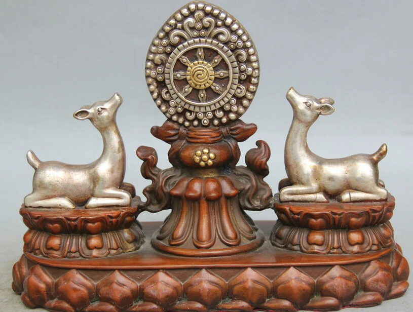 

Collectible bronze S1902 10" Tibet Buddhism Purple Bronze Silver 8 Auspicious Symbol Two Deer Statue B0403