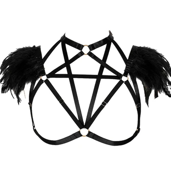

Feather Harness Epaulette Cage Bra Body Bondage Shoulder Angel Wing Adjust Crop Tops Hollow Out Goth Punk Festival Rave Lingerie