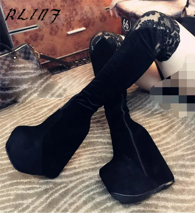 

RLINF Fashion Sexy Slope with Sponge Cake 17CM Lace Thick-soled Boots Over The Knee Boots Women's Boots Long Boots Women Shoes