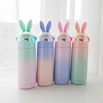 

Korea gradient color rabbit thermos bottle Harajuku female students portable lid stainless steel Vacuum Flasks Free Shipping