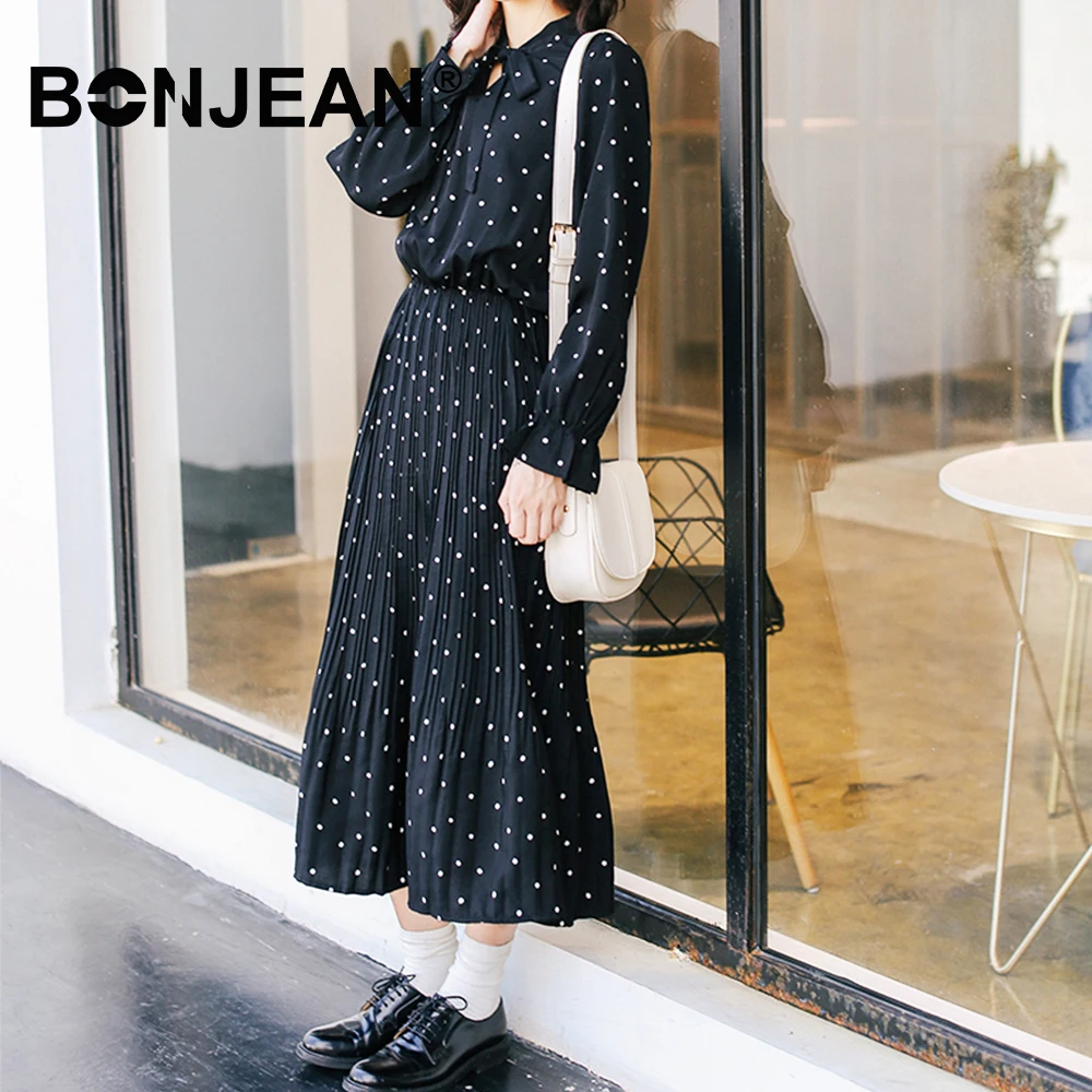 

Black Polka Dot Dress Elegant Long Sleeve Dress Chiffon Woman Clothes Robe Longue Femme Spring Sukienka Vestido Mujer Z226