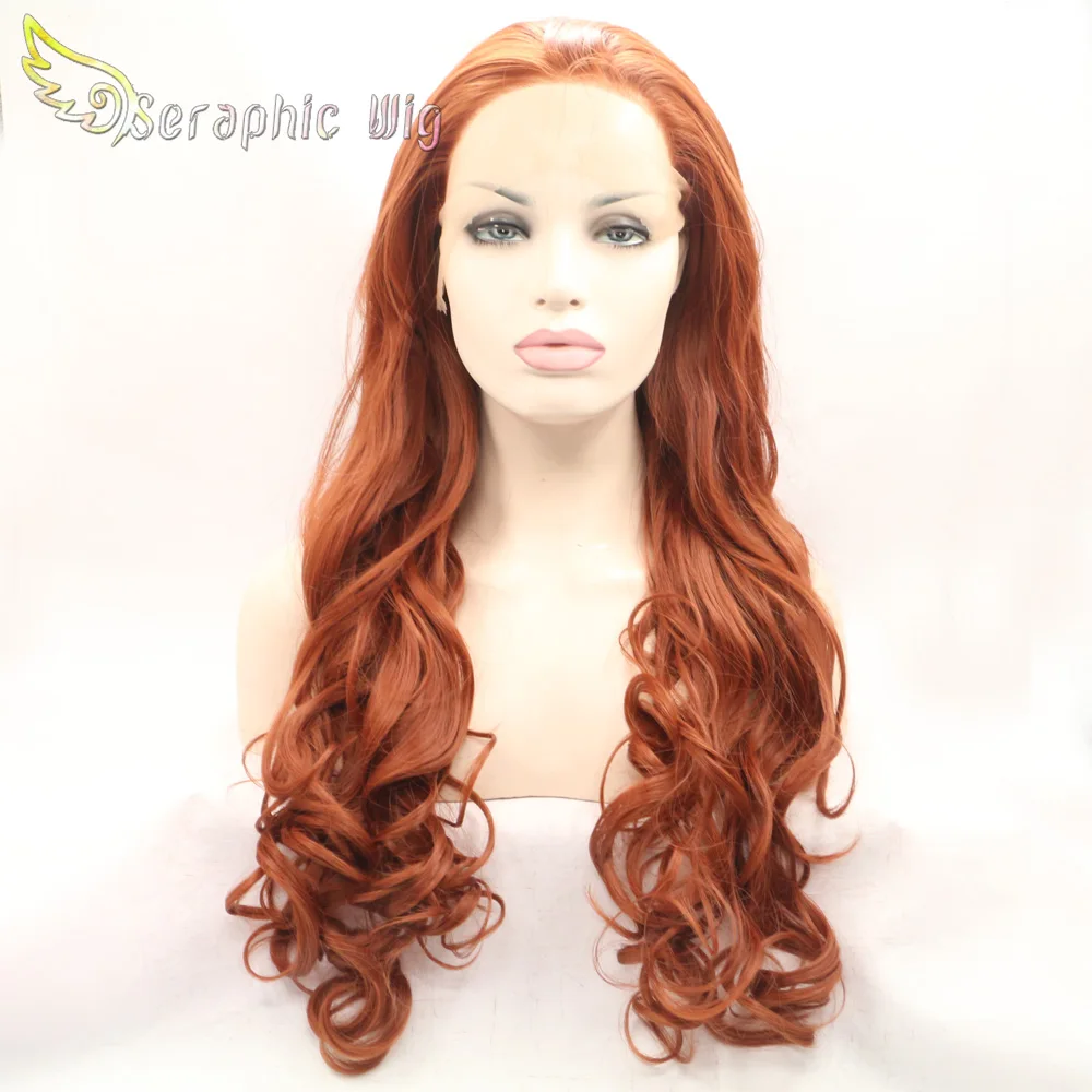 Copper Red Lace Front Wig Natural Realistic Long Wavy Hair Half Handmade for Women Heat