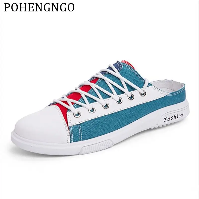 

Men Half Slippers lace-up Canvas Shoes 2019 Summer Male Casual Shoes Breathable sandals 44 Size Flat Male Sneakers Half Slipper