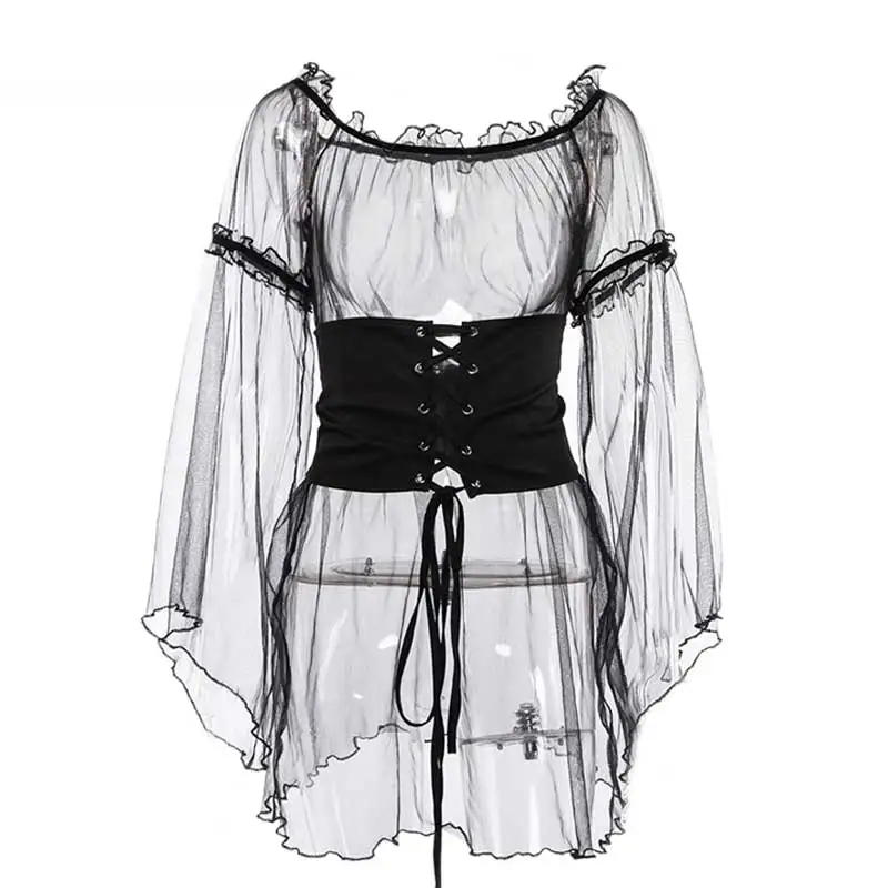 Comprar 2019 Slash Neck Off Shoulder Sexy negro bohemio Beach Mini vestido de malla ver a través de encaje boho streetwear verano VKDR1541