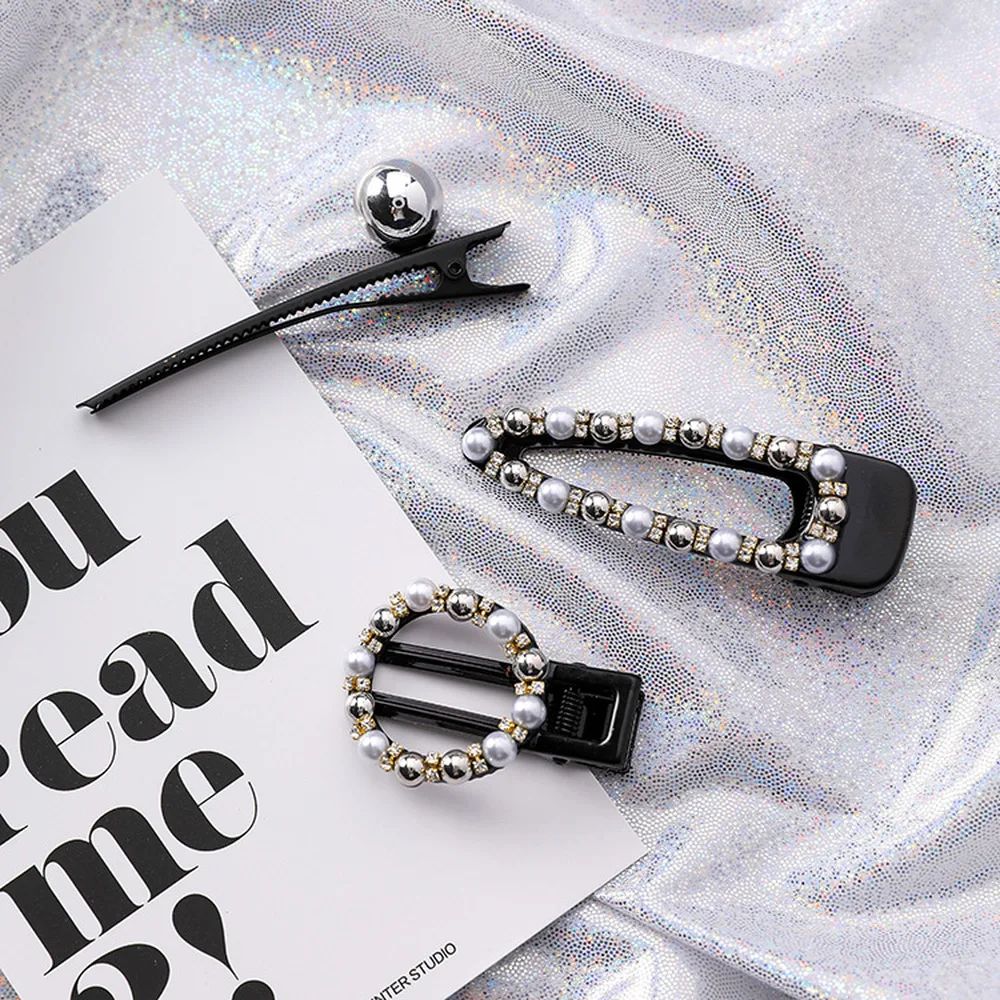

Korean Fashion Imitation Pearl Duckbill Hair Clip Simple Personality Rhinestone Geometric Hair Pins for Girl Woman Accessories