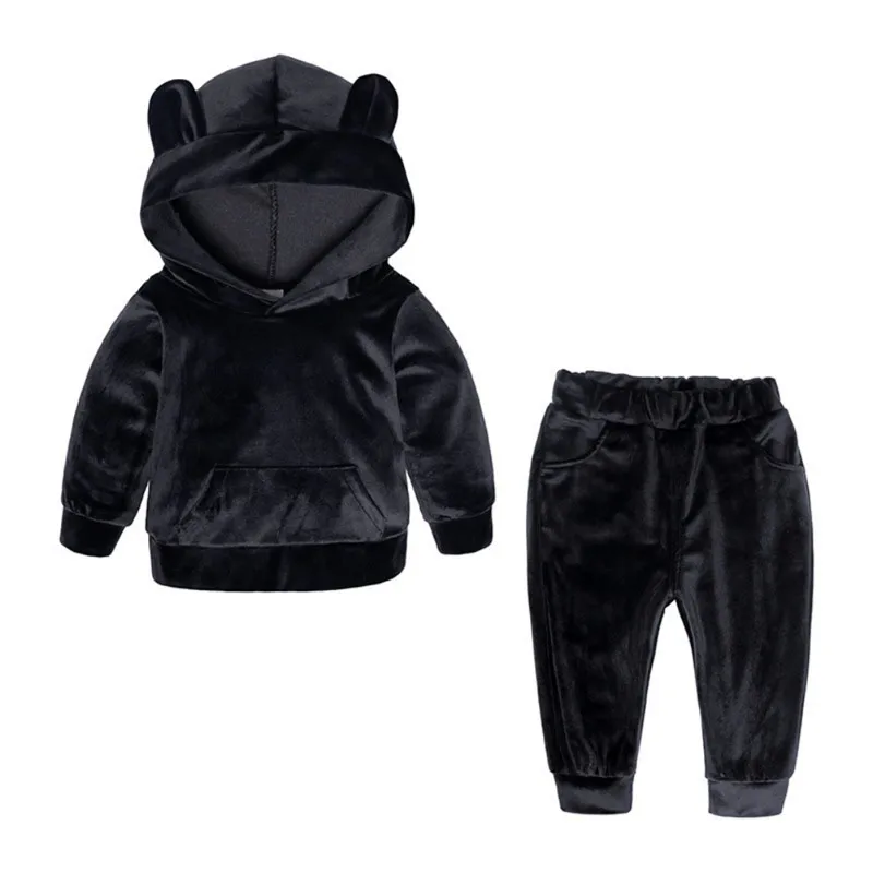 

2 Pcs Winter Children's Kid's Sweater Suit Girls Boys Gold Velvet Sportswear Hooded Shirt + Pants Suit Children's Set