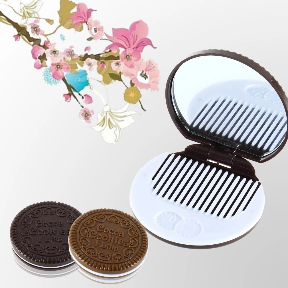 

Portable Mini Cute kawaii Ladies Girls Mirror Fashionable Chocolate Cookie Shaped Design Cosmetic Mirror Makeup Chocolate Comb